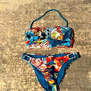 Lucky brand bandeau floral design bikini with removable neck strap